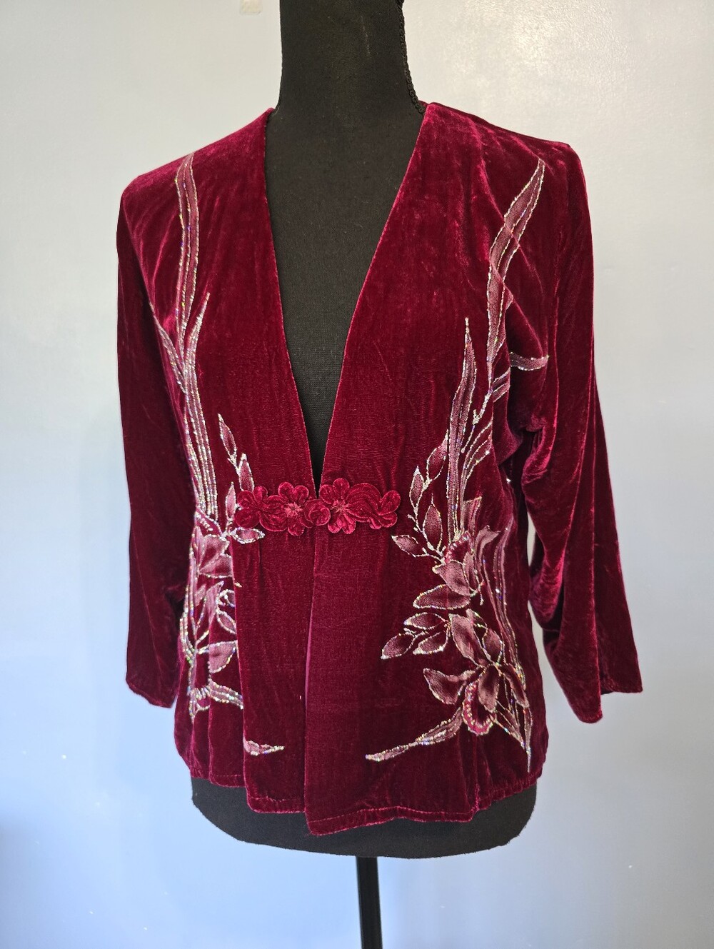 Vntg Velvet Shimmering Floral Frog Closure Cardigan Red Small? *read